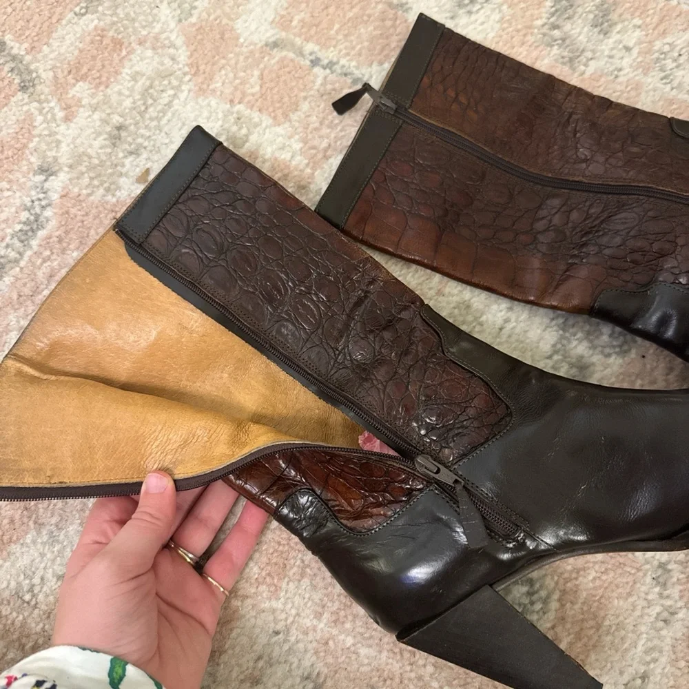 Donald J. Pliner Dark Brown Croc-Embossed Heeled Boots - Picture 4 of 4